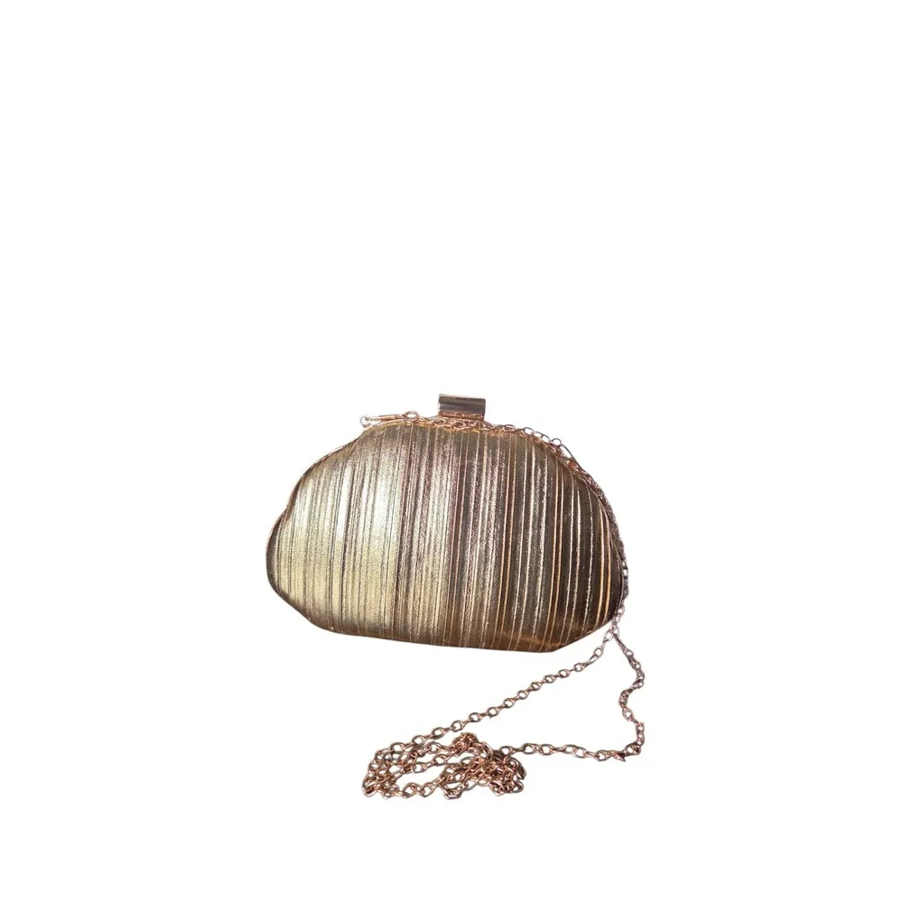 Gold Metallic Pleated Hard Shell Evening Clutch Rose Gold Chain Shoulder Bag